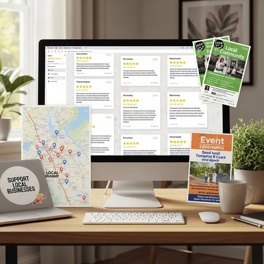 Collage of online reviews and local engagement elements, emphasizing local SEO for therapy practices