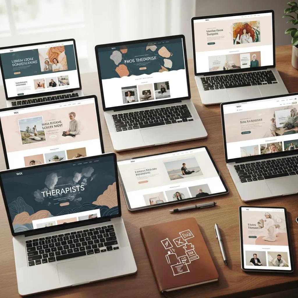 Collage of Wix website templates for therapists displayed on devices, highlighting customization options