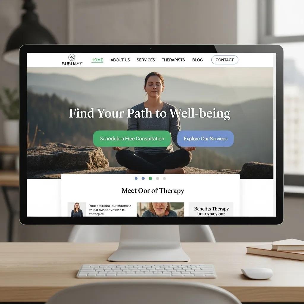 Computer screen showing a therapy website with clear call-to-action buttons, illustrating engagement strategies