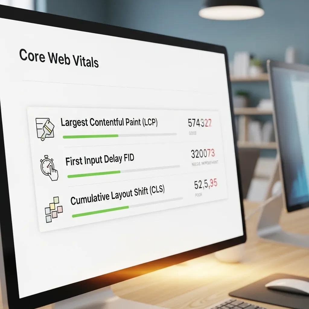 Computer screen showing Core Web Vitals metrics in a modern office environment