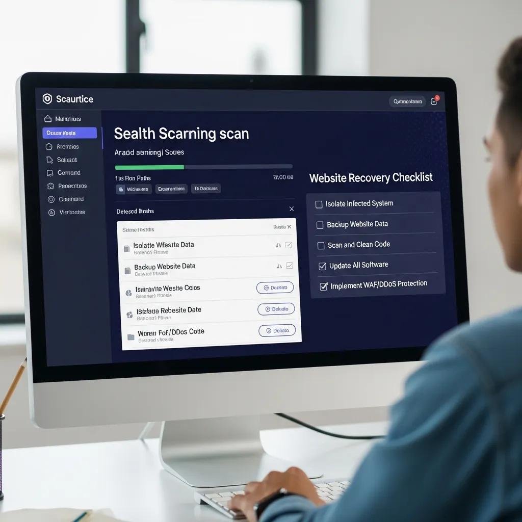 Computer screen showing security software scanning for malware in a therapist's office