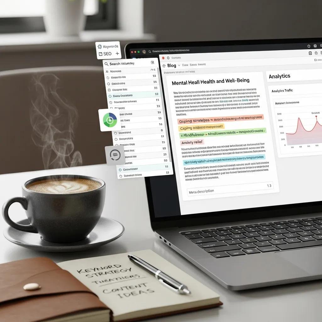 Computer screen showing SEO tools and analytics for a therapy blog, highlighting the importance of optimization for attracting clients