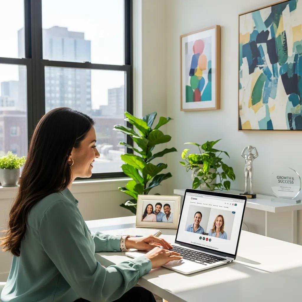 Confident therapist using a laptop in a modern office