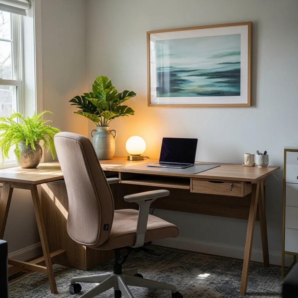 Cozy home office setup for therapy practice with ergonomic chair and soft lighting
