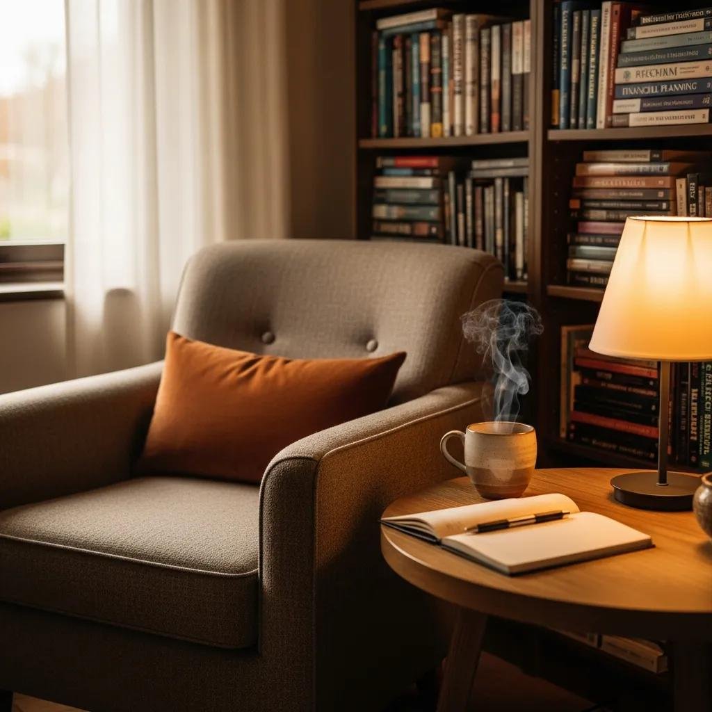 Cozy therapist workspace with books on financial planning and a warm atmosphere
