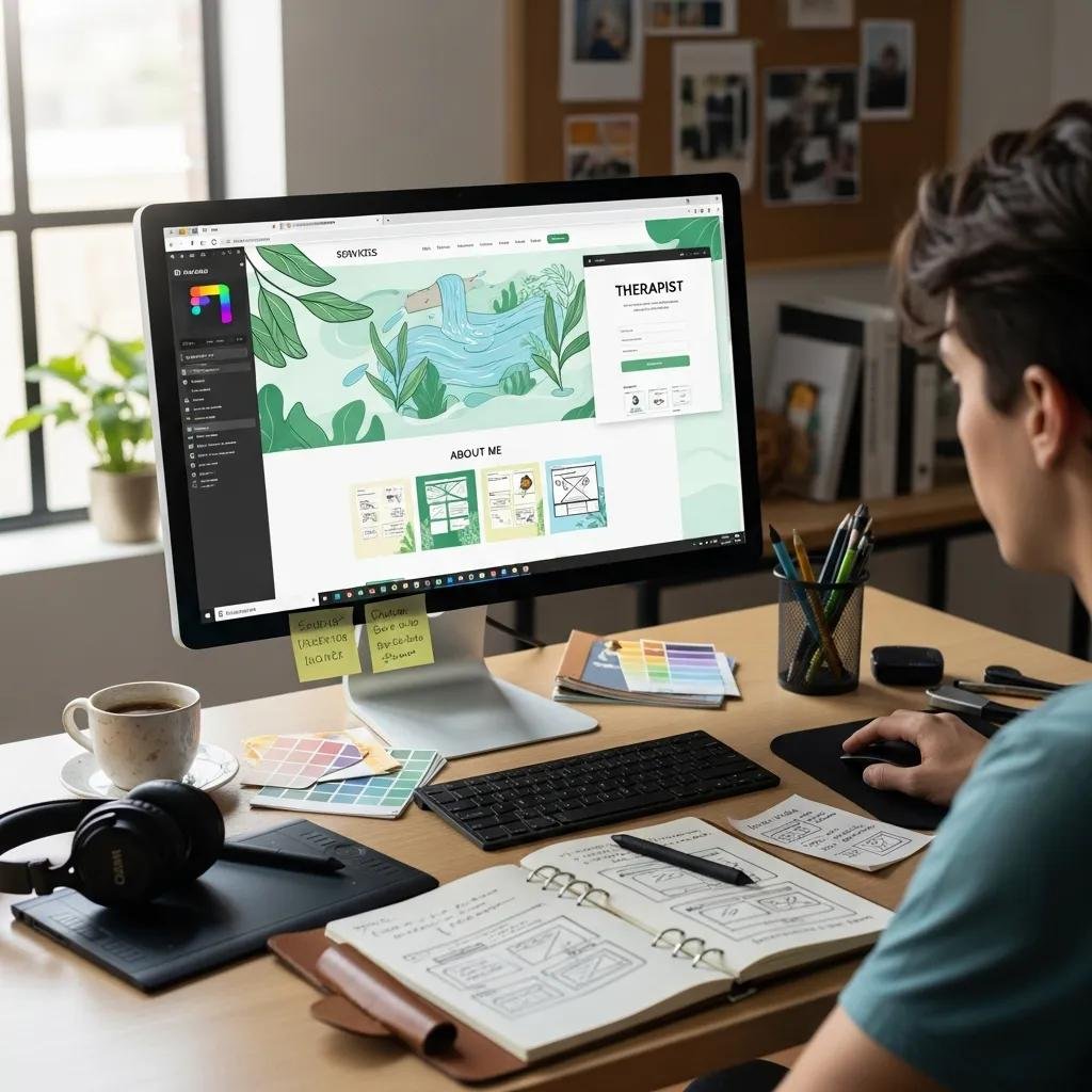Designer creating a custom therapist website, illustrating the benefits of tailored web design for therapists