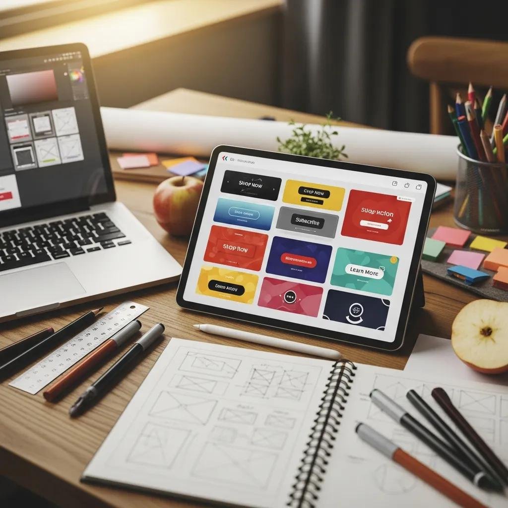 Designer workspace with digital tablet showcasing colorful call-to-action button designs for therapy websites