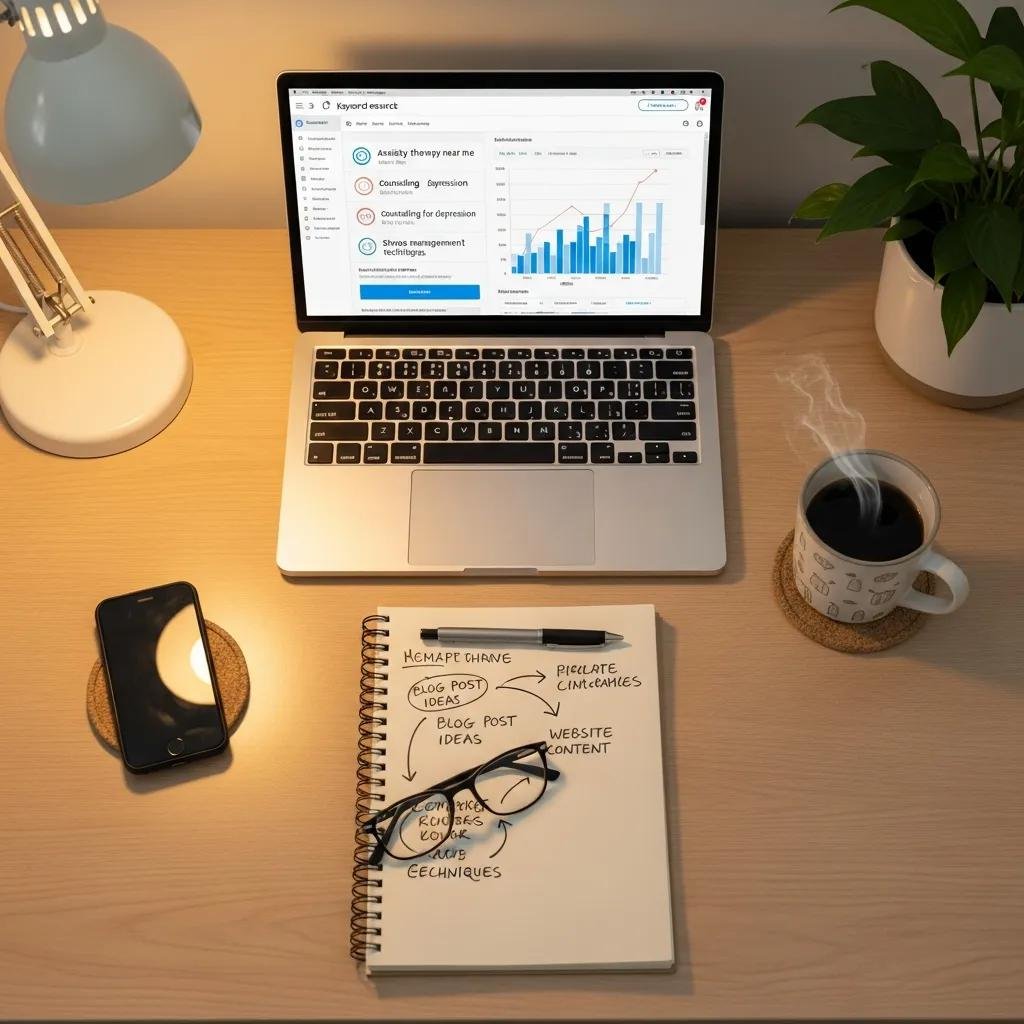 Workspace showing keyword research on a laptop to plan local SEO for a therapy practice