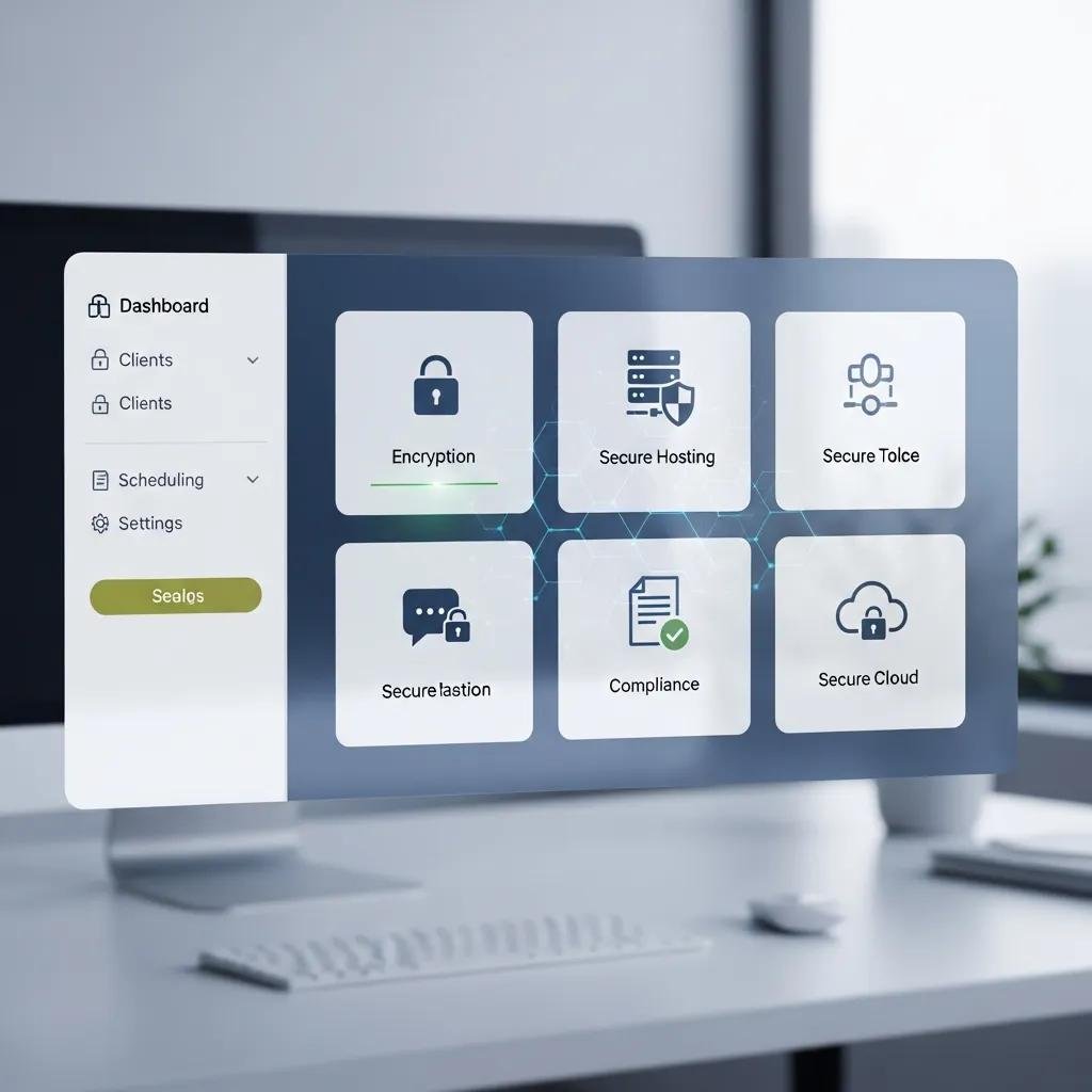 Digital interface displaying secure web services for therapists, focusing on HIPAA compliance