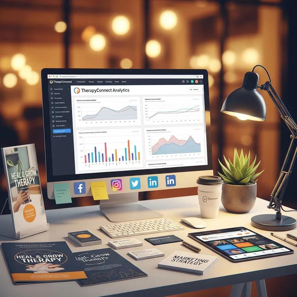 Digital marketing workspace with analytics and social media icons