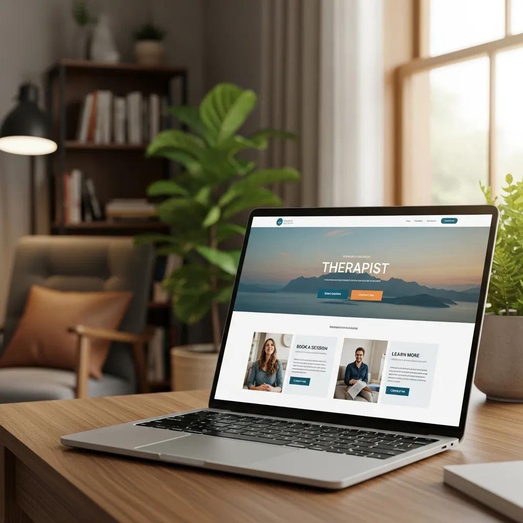 Digital mockup of a therapist's website displaying effective CTA placements on a laptop