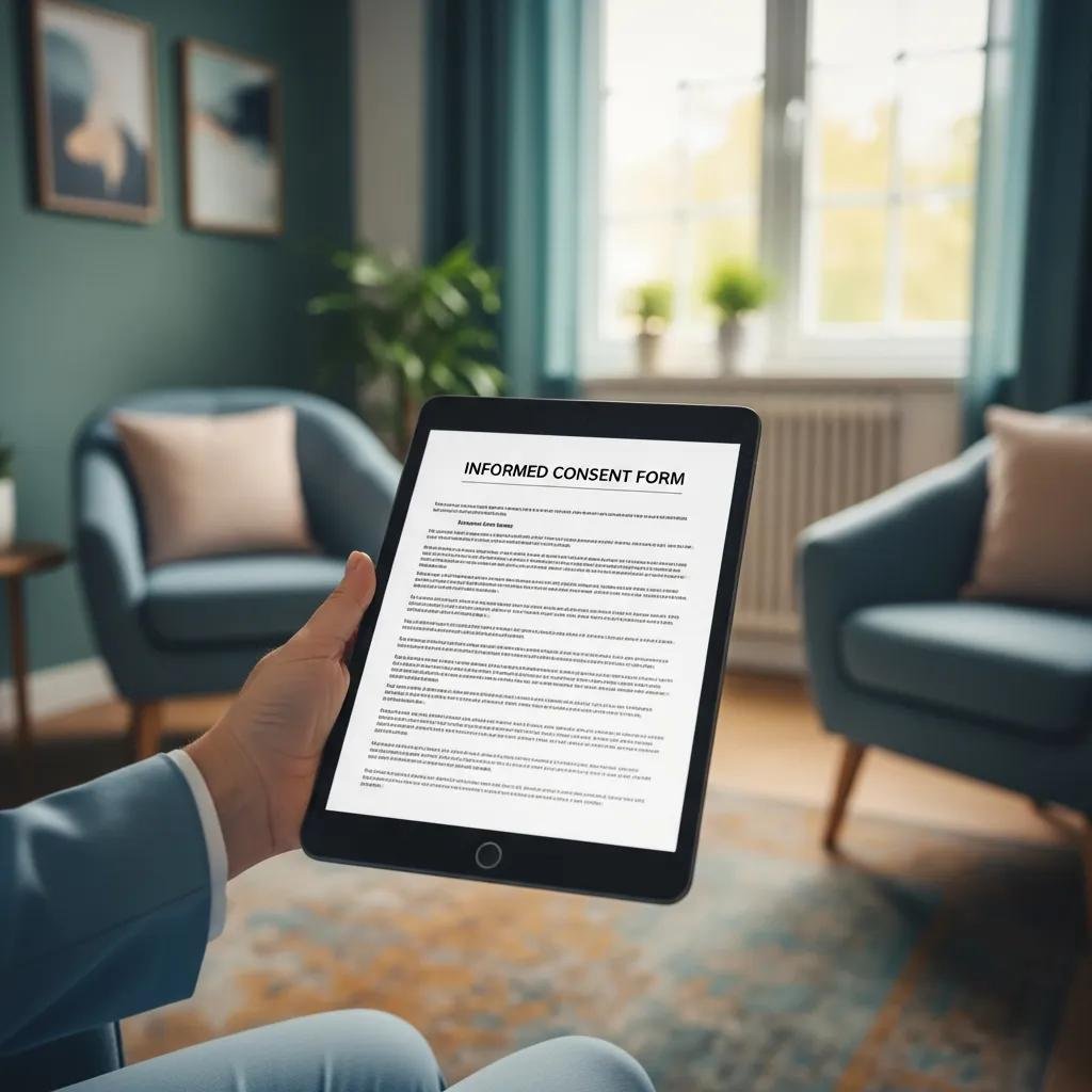 Digital tablet showing informed consent form in a cozy therapy office