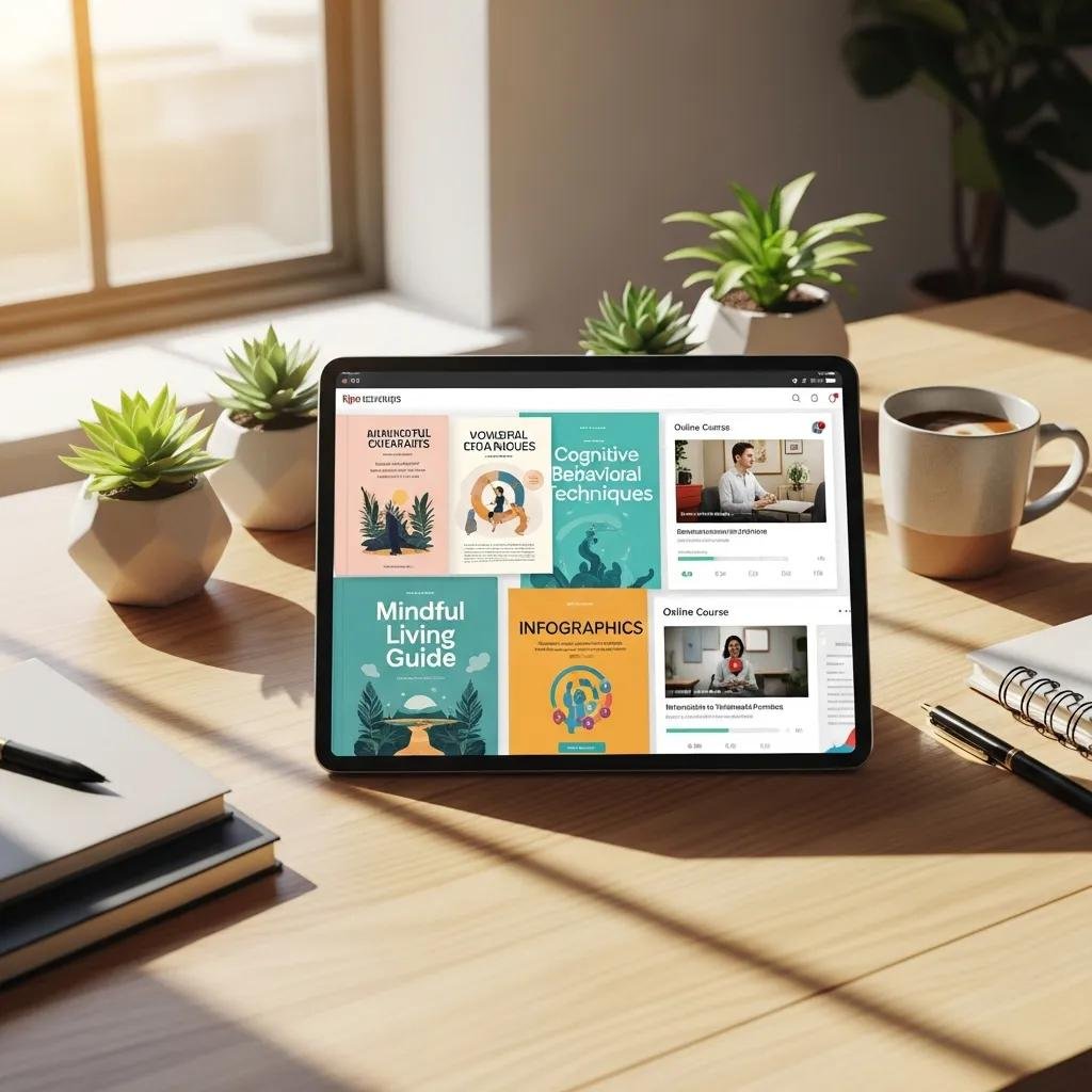 Digital therapy products on tablet, showcasing e-books and online courses available for therapists