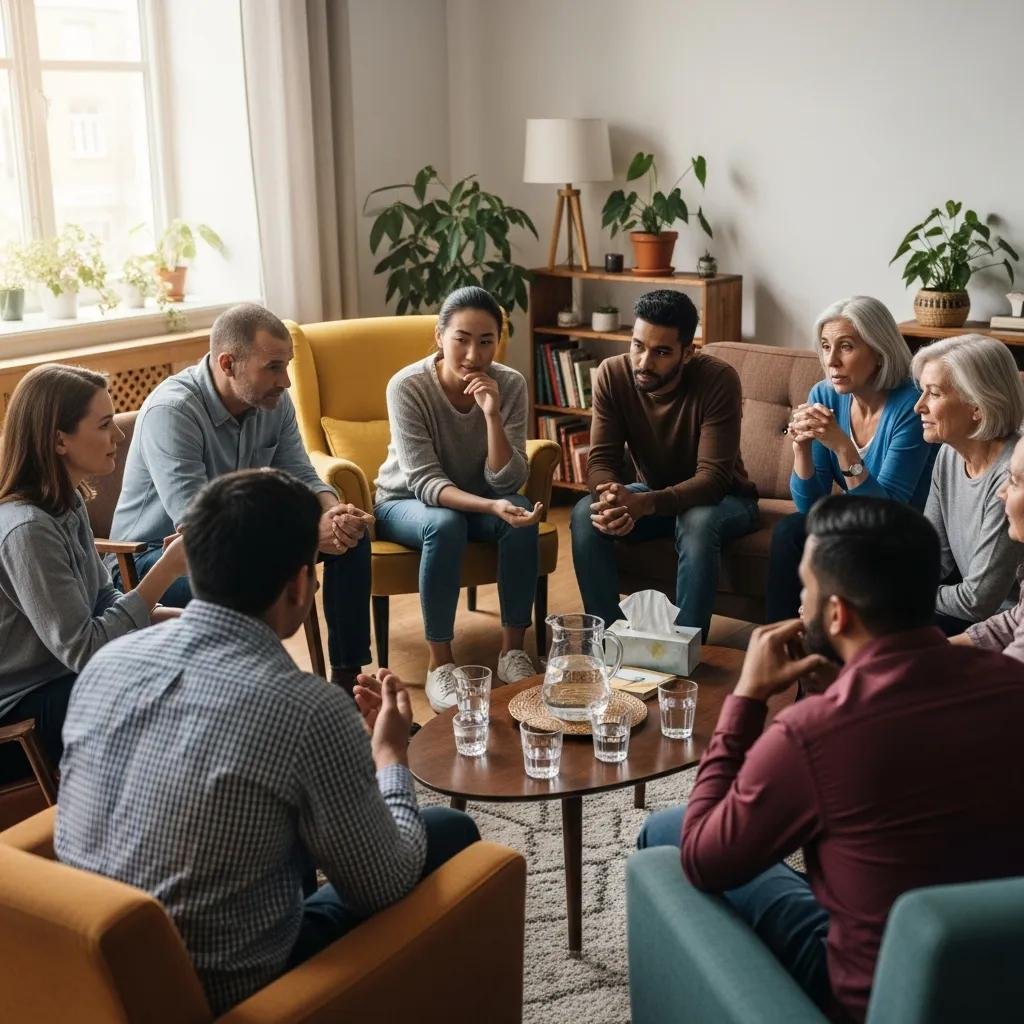 Diverse individuals in a supportive therapy session emphasizing inclusivity