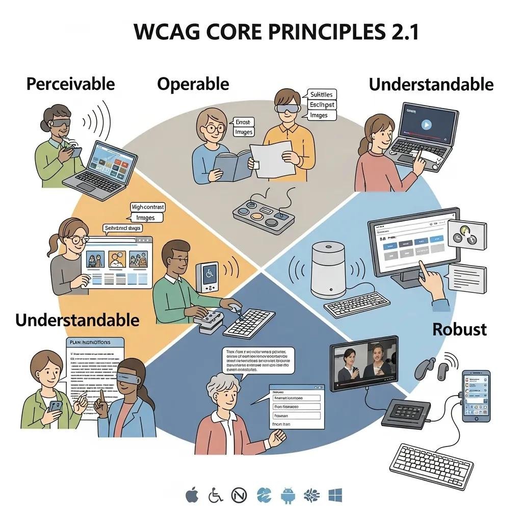 Diverse individuals using accessible technology, illustrating WCAG 2.1 principles