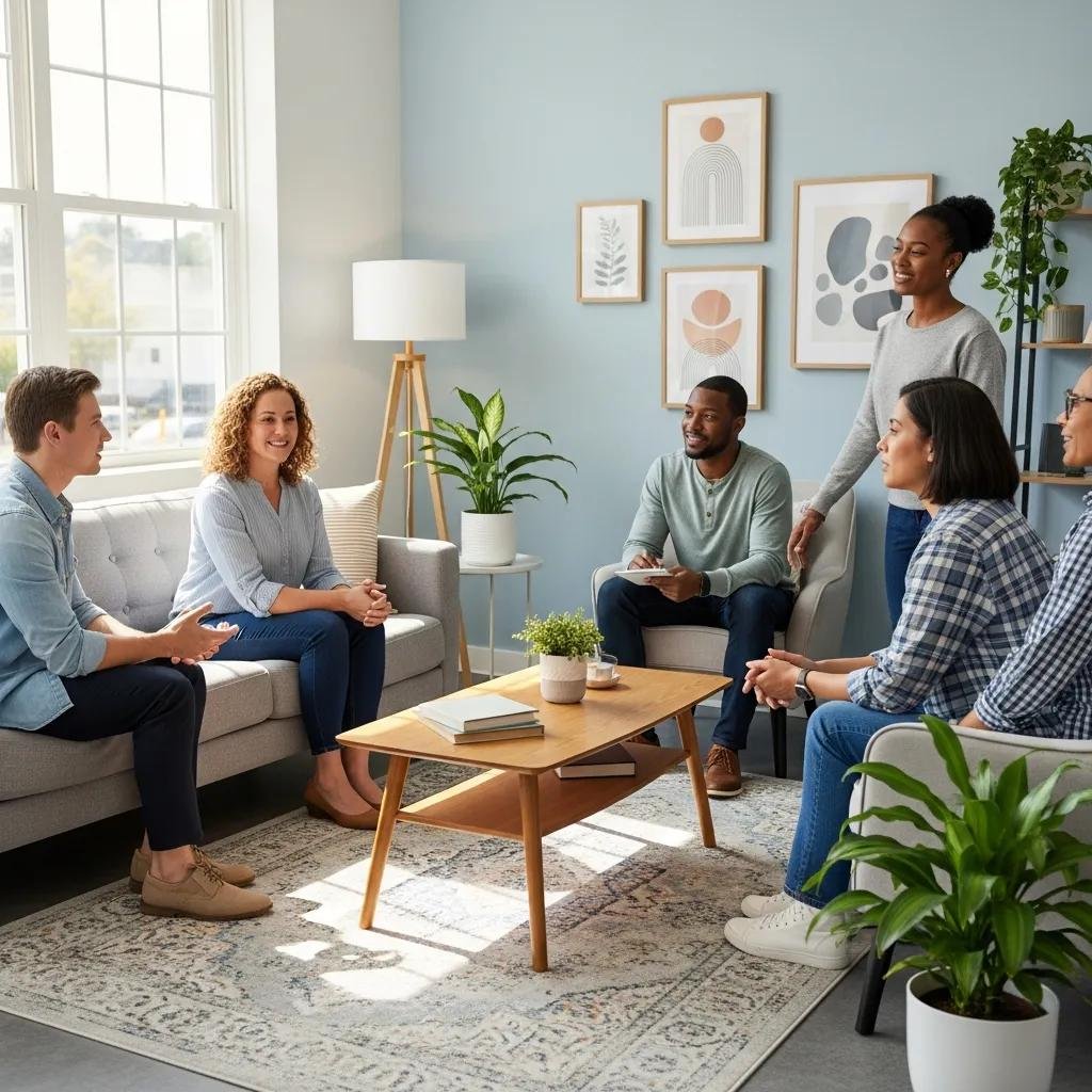 Diverse mental health professionals collaborating in a supportive environment