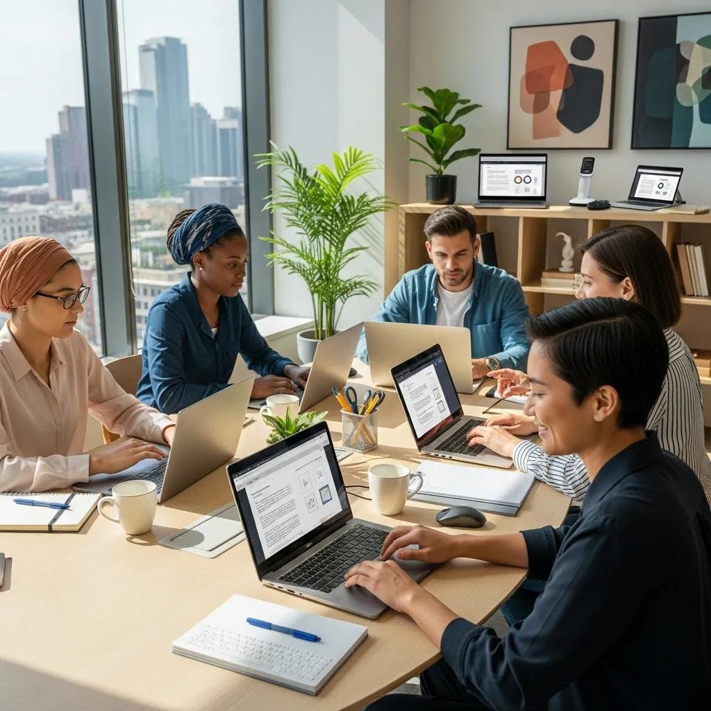 Diverse therapists collaborating in an accessible office setting, emphasizing inclusivity and professionalism