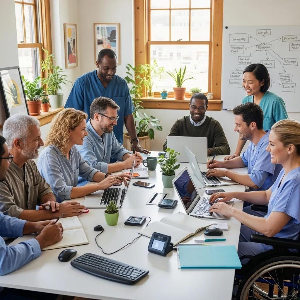 Diverse therapists collaborating in an inclusive workspace, emphasizing web accessibility and teamwork