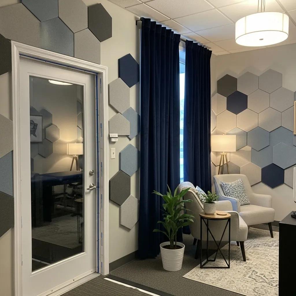 Effective soundproofing solutions in a therapy office with acoustic panels and heavy curtains
