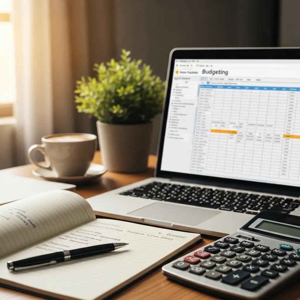 Financial planning tools including a laptop, calculator, and notepad in a cozy workspace