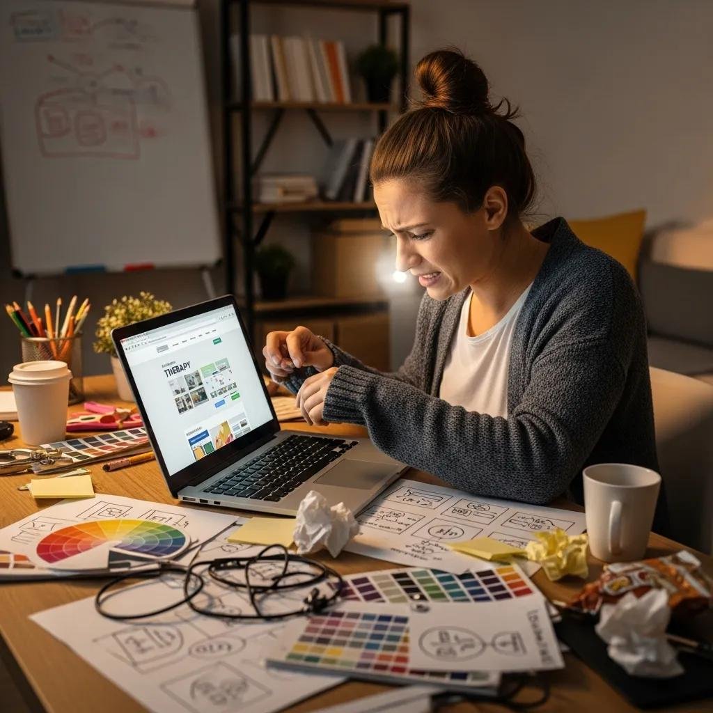 Frustrated therapist at a cluttered desk, illustrating the challenges of DIY website creation