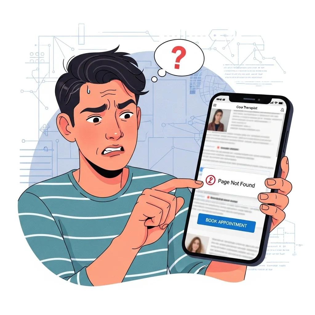 Frustrated user experiencing issues with a non-responsive therapist website on mobile