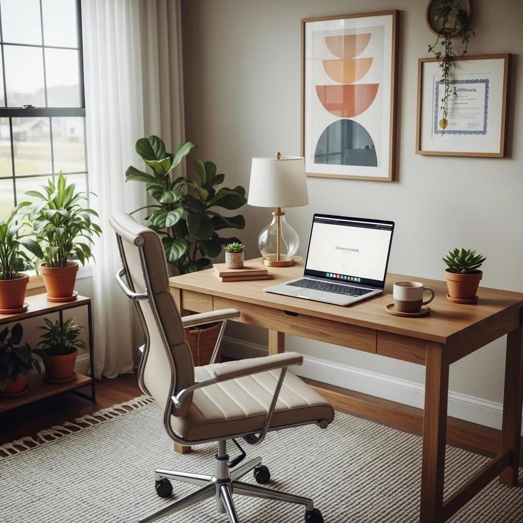 Home office setup for online therapy practice with laptop and calming decor