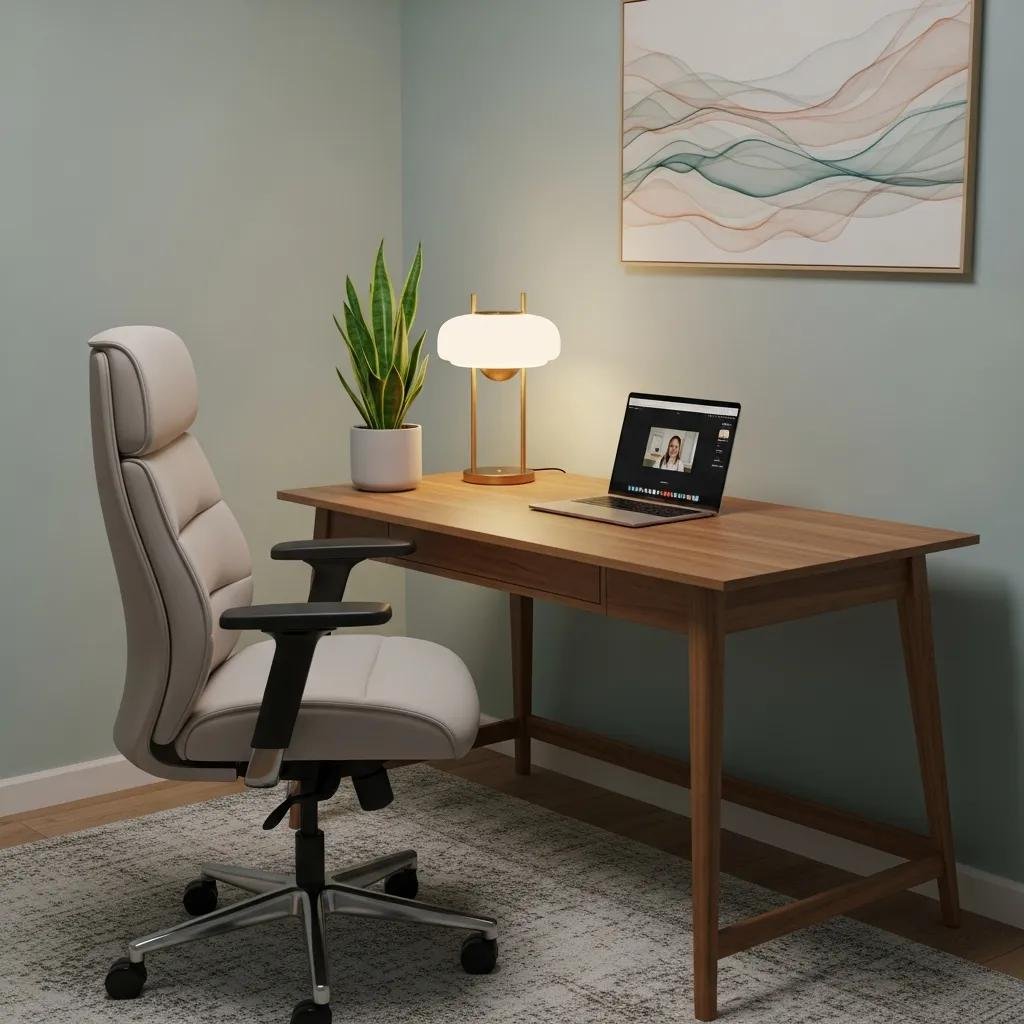 Home office setup for online therapy with a laptop and calming decor