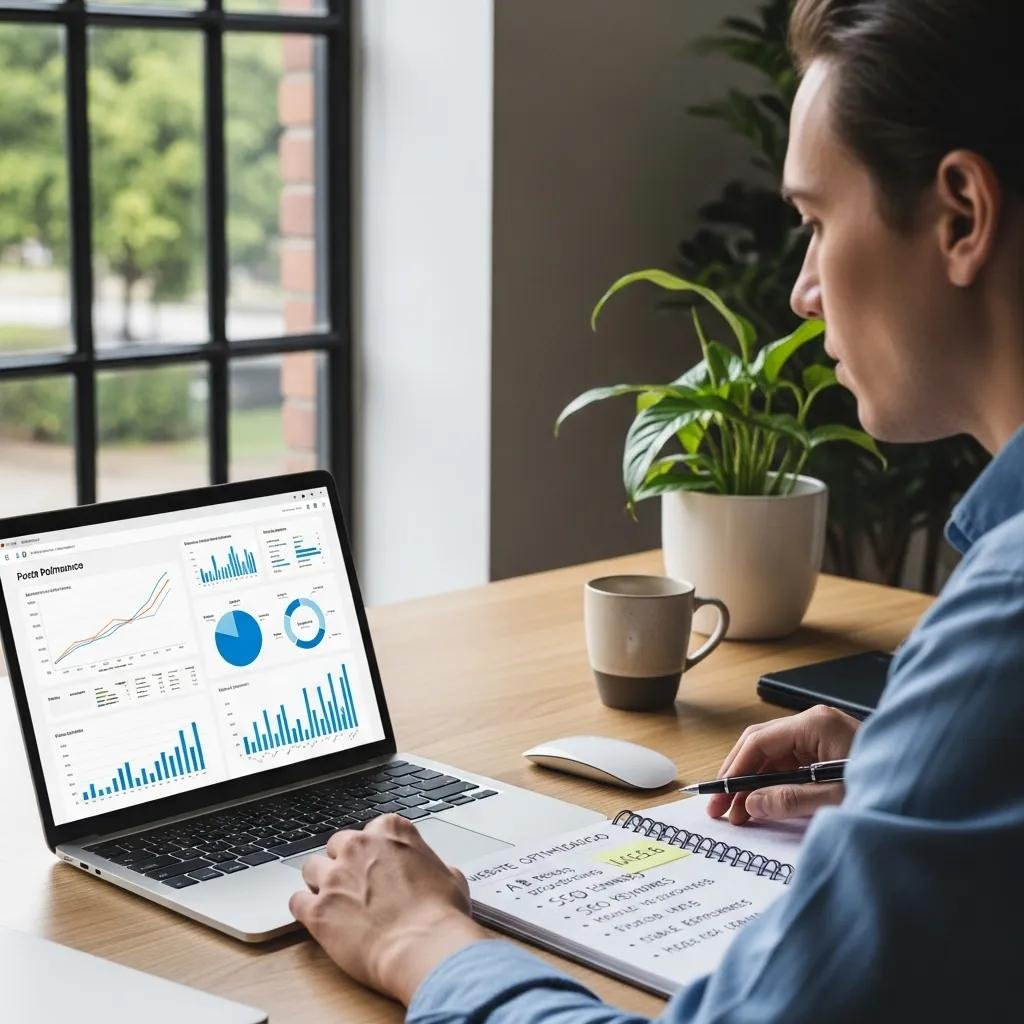 Individual analyzing website performance data for optimization strategies in a modern workspace