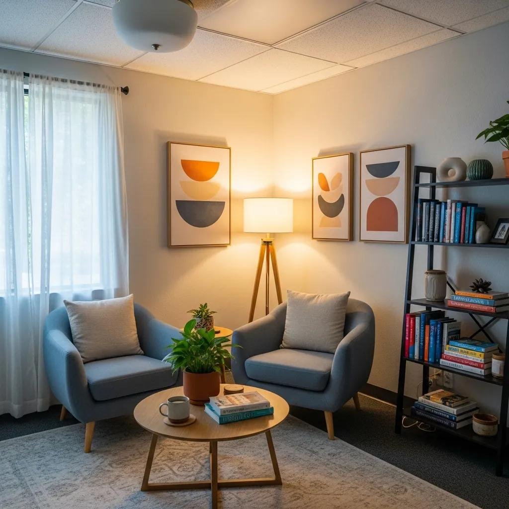 Inviting therapist office interior designed for comfort and trust