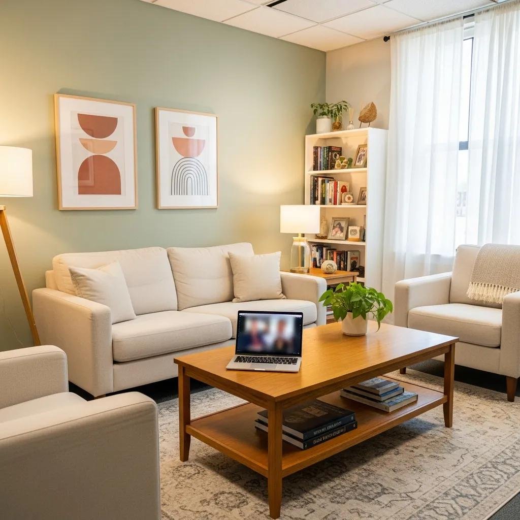 Inviting therapist office with calming decor and a laptop, representing the importance of a professional website for therapists