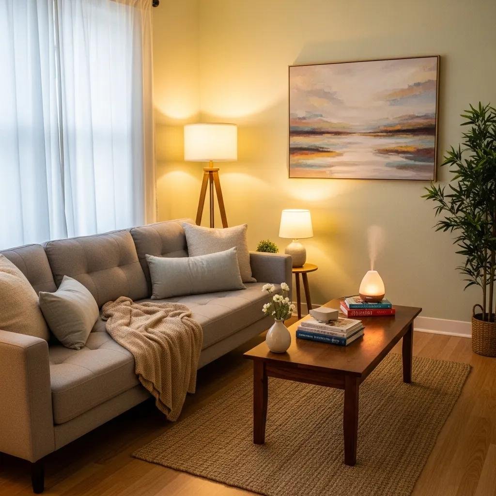 Inviting therapy office with calming decor and comfortable seating, promoting a sense of safety and tranquility