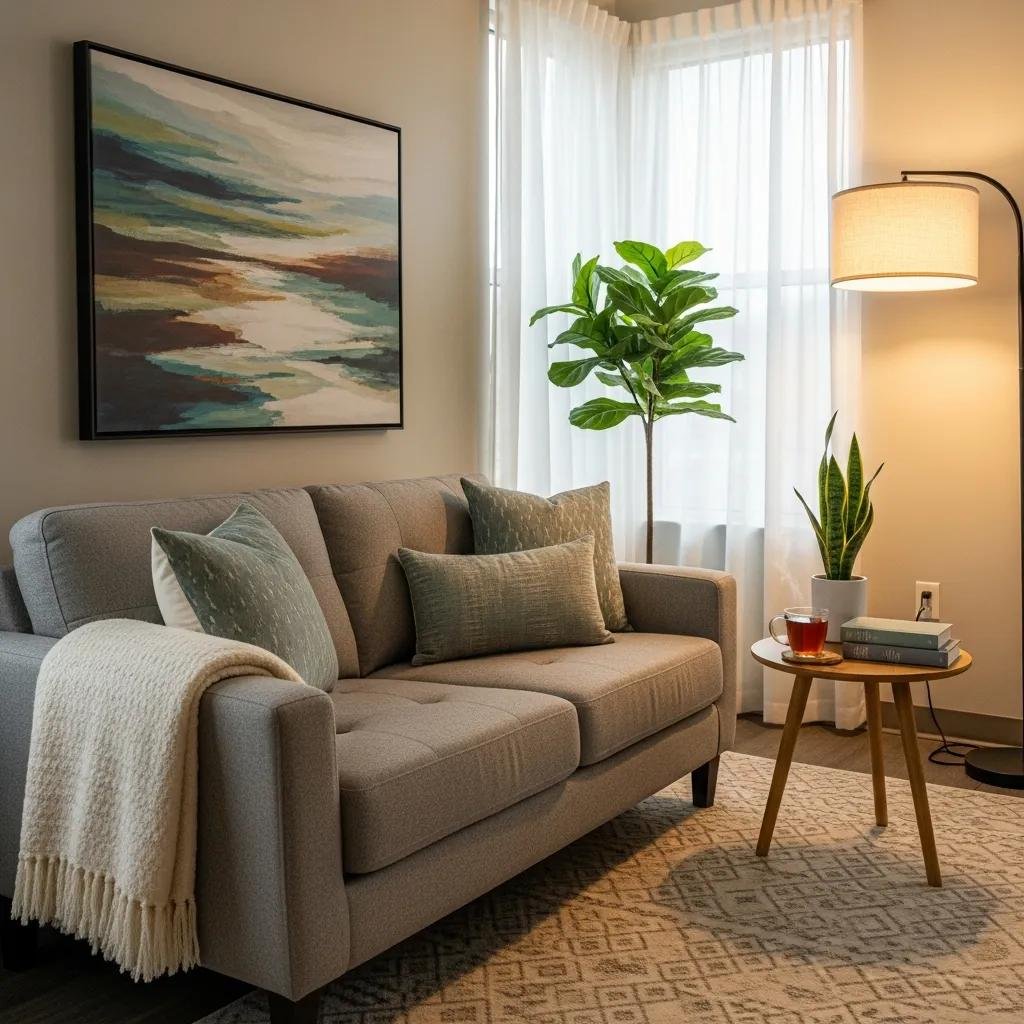 Inviting therapy office with calming decor and comfortable seating, representing therapist brand identity