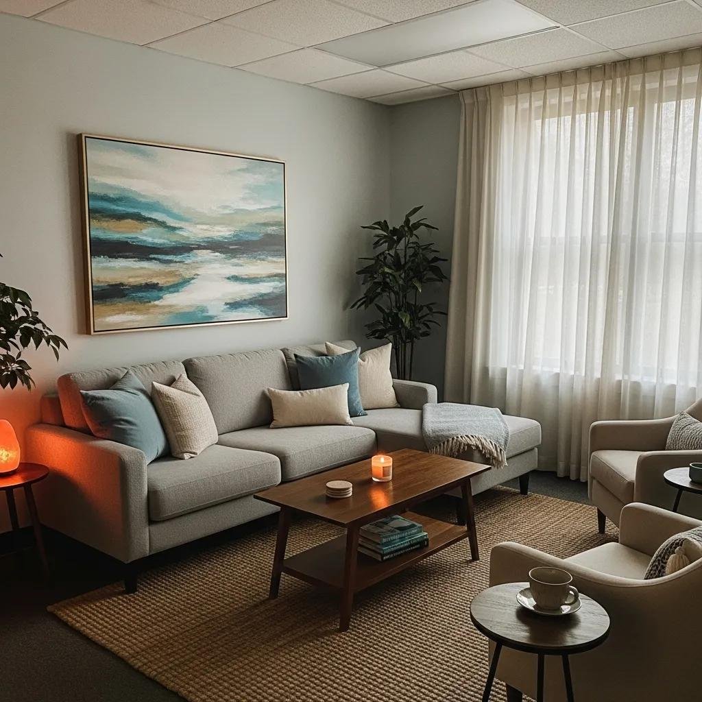 Inviting therapy office with comfortable couch and calming decor