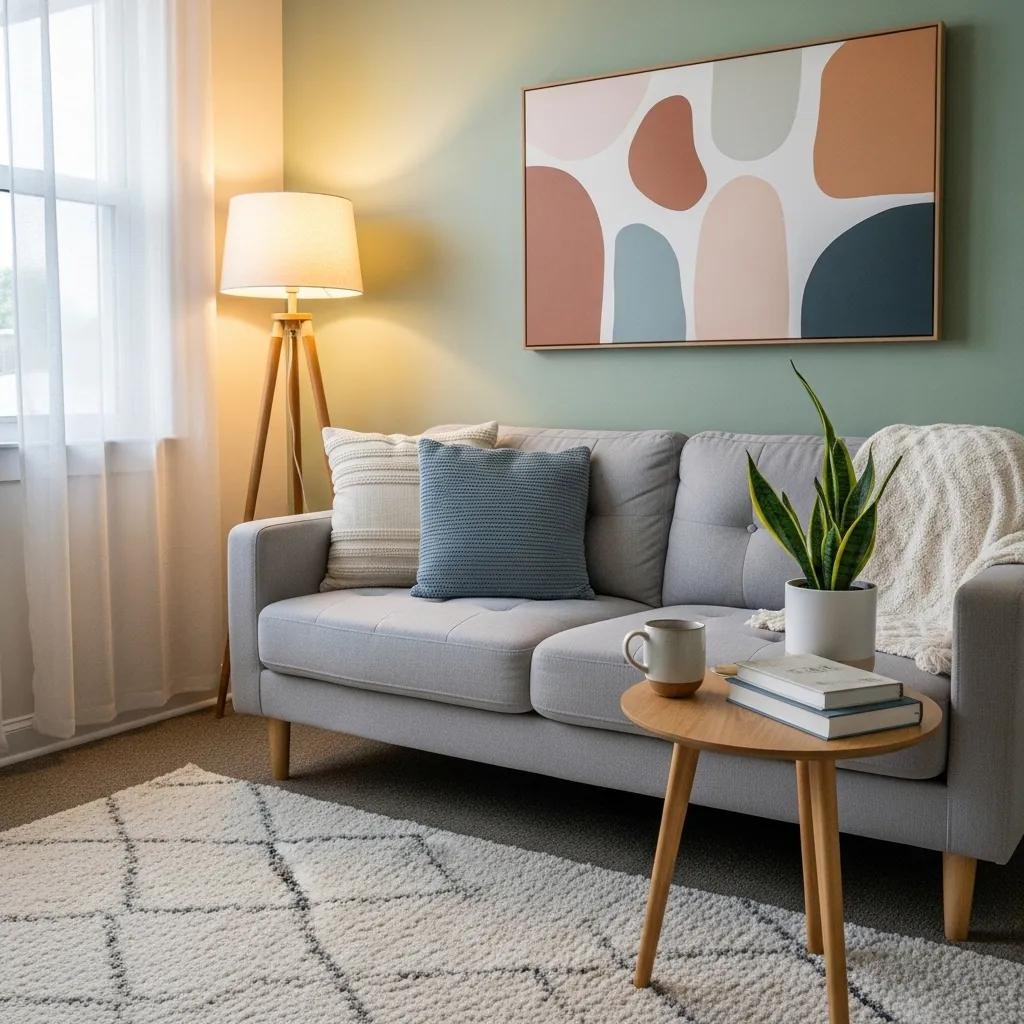 Inviting therapy office with comfortable couch and calming decor, representing authentic therapy brand voice