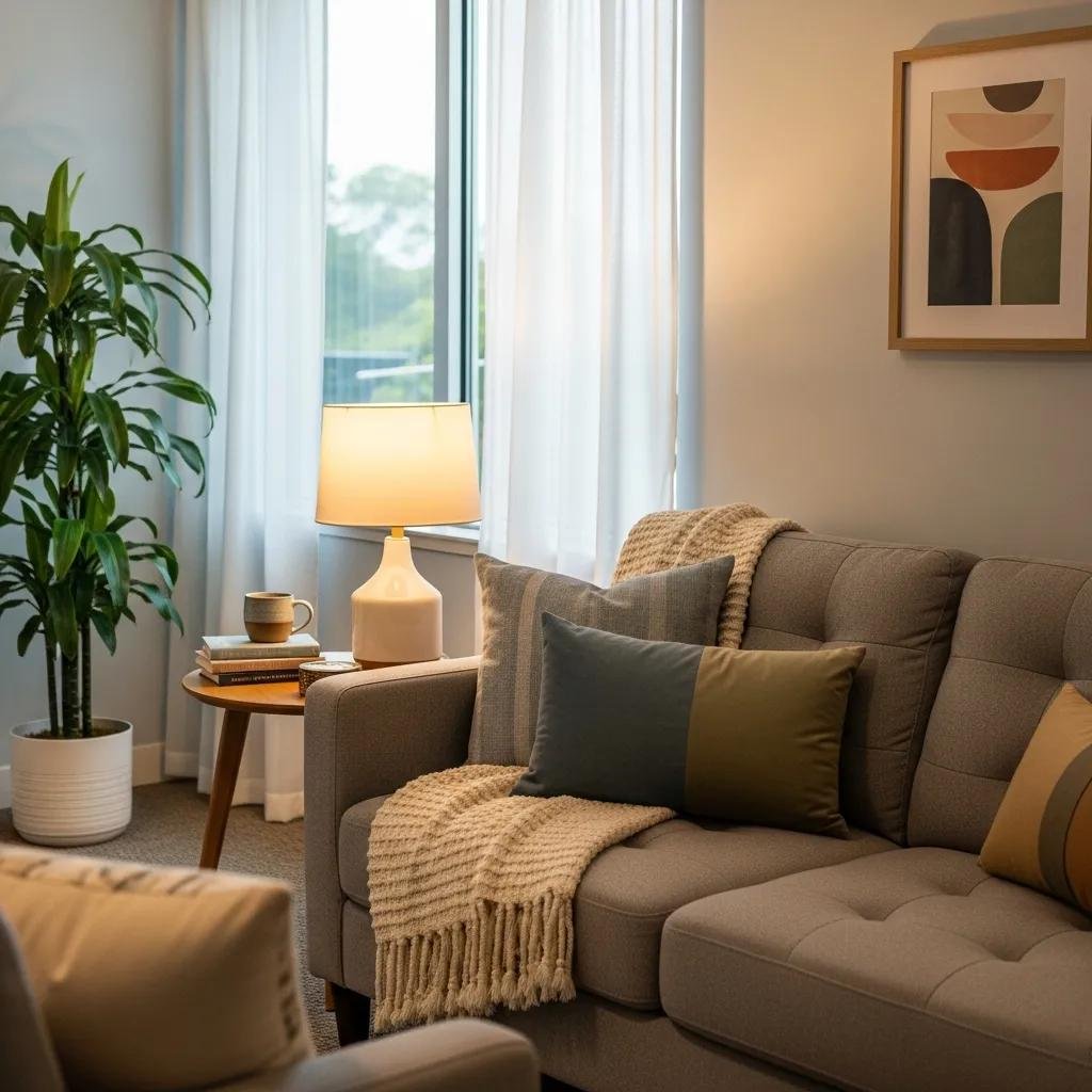 Inviting therapy office with comfortable couch and calming decor, representing therapist website content update