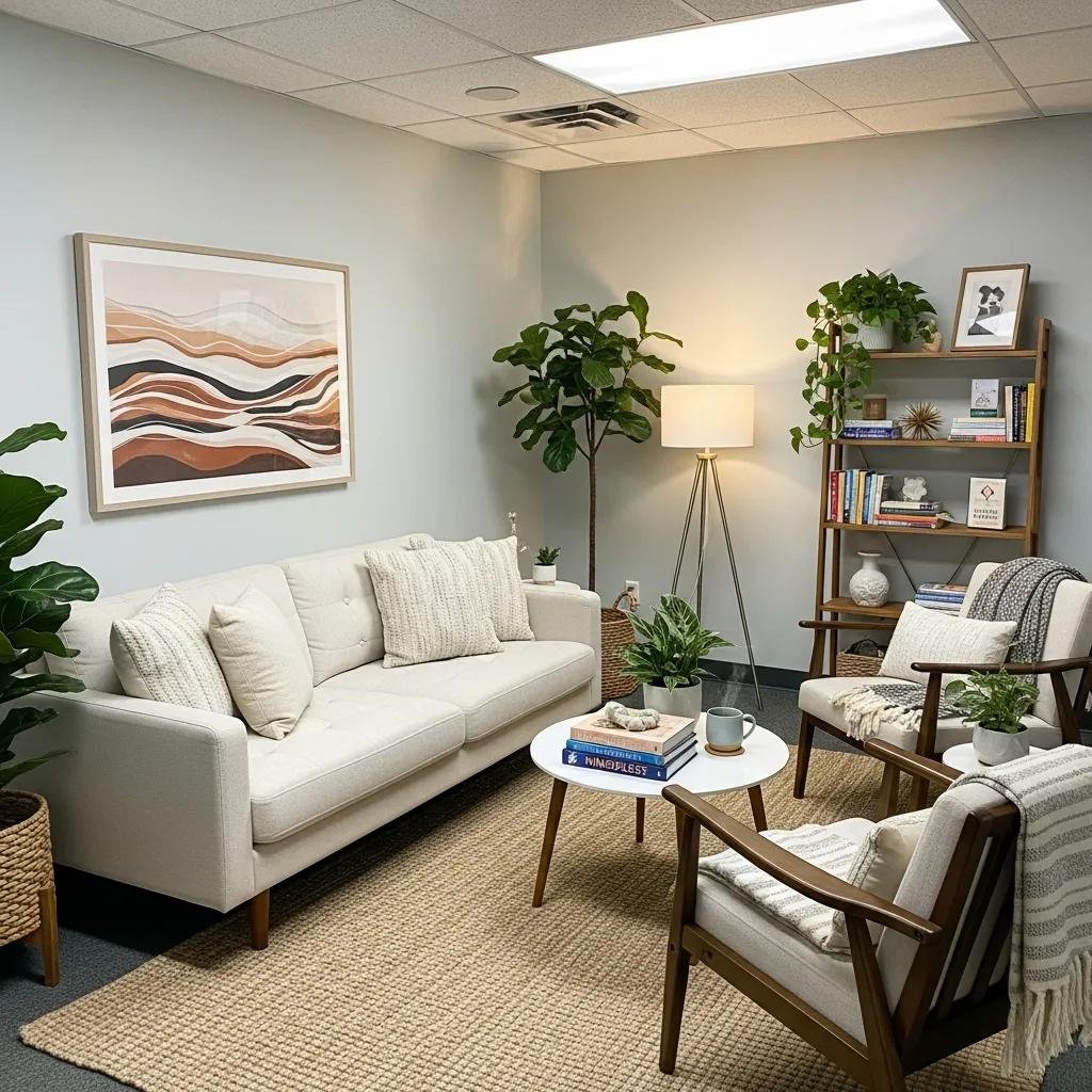 Inviting therapy office with comfortable seating and calming decor