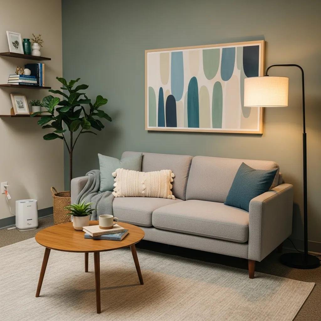 Inviting therapy office with comfortable seating and calming decor, emphasizing trust and professionalism