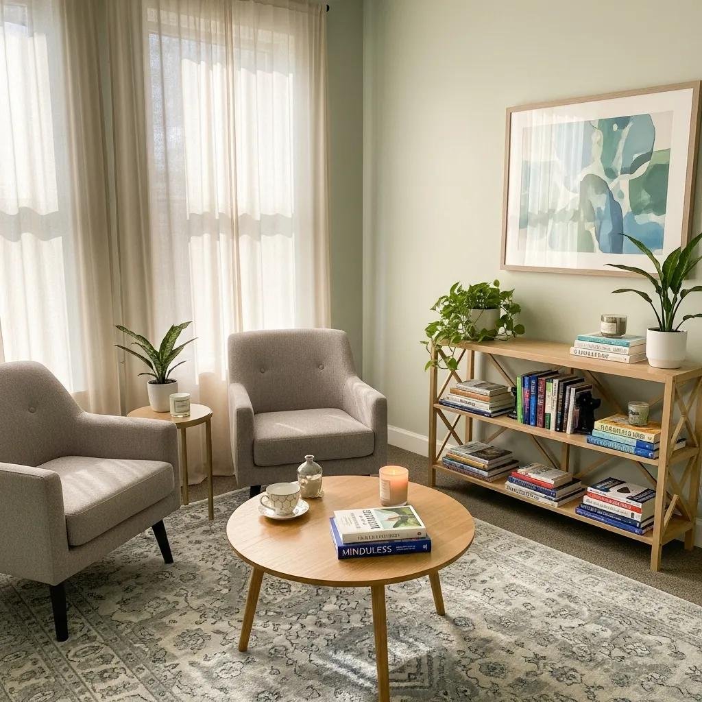 Inviting therapy office with comfortable seating and calming decor, representing professional online presence