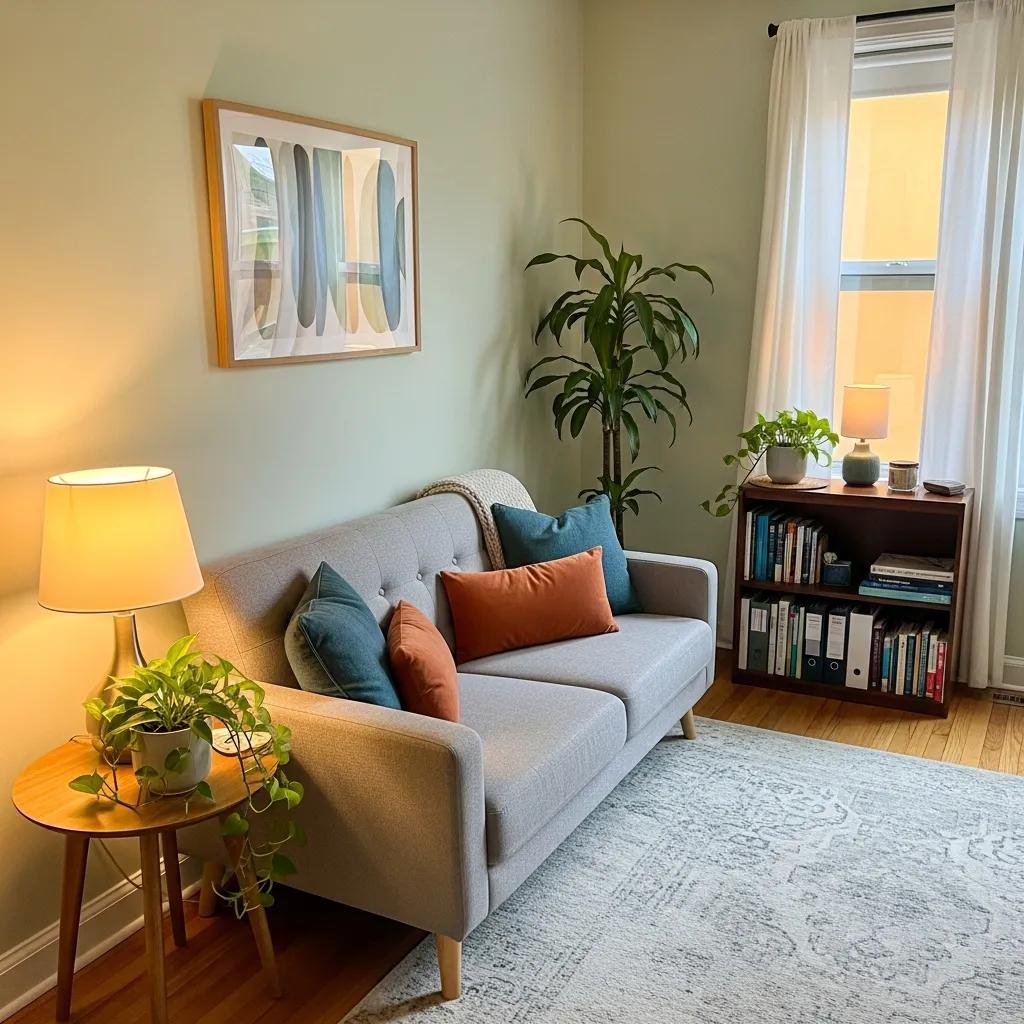 Inviting therapy office with comfortable seating and calming decor, representing the essence of a professional therapy practice