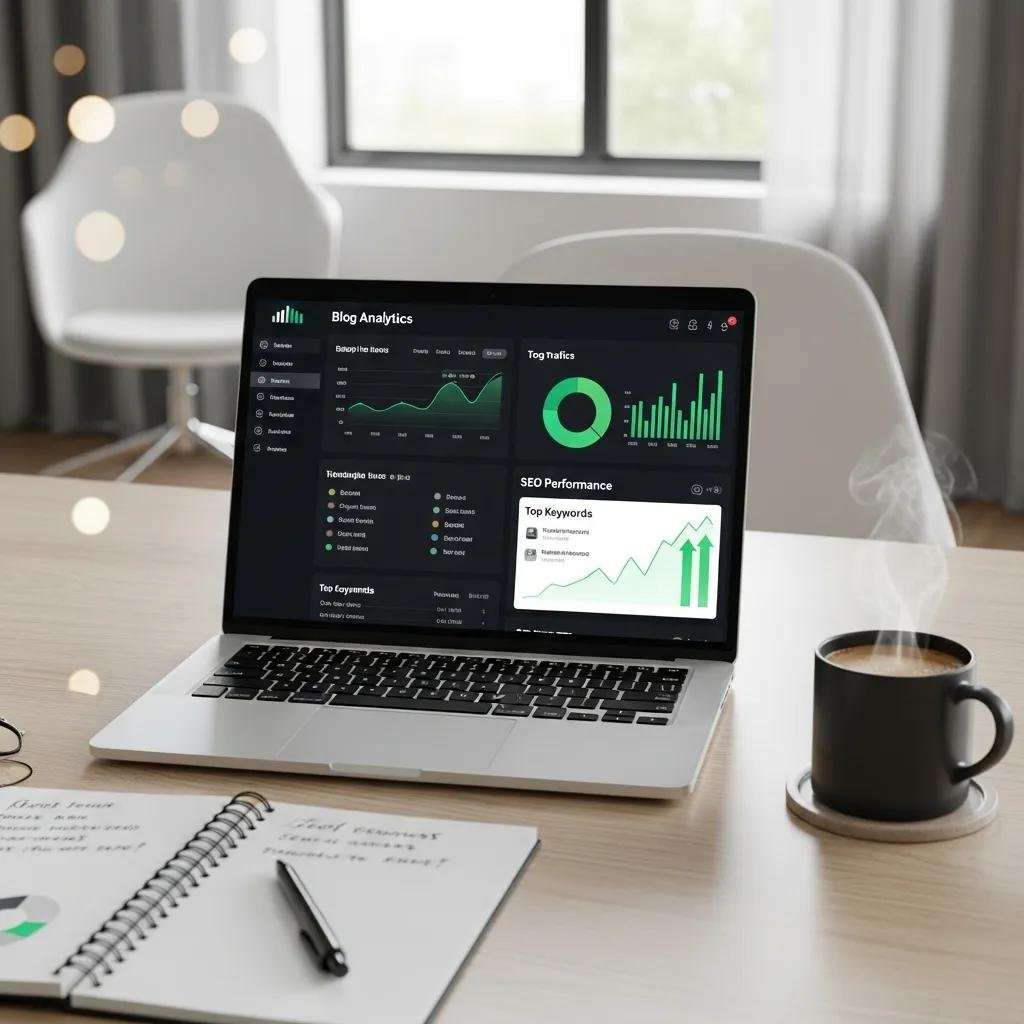 Laptop displaying blog analytics dashboard, highlighting SEO optimization for therapy blogs