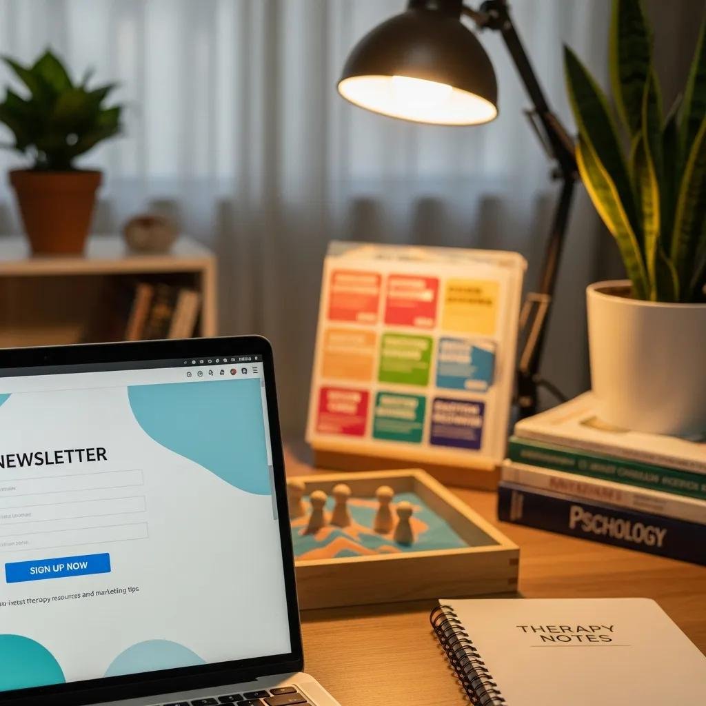 Laptop displaying newsletter signup form in a therapist's office, highlighting email list building