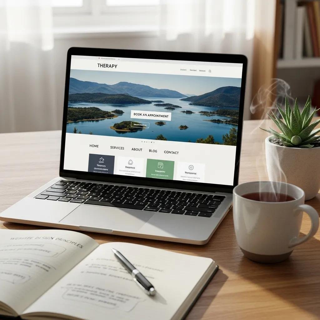 Laptop showcasing a therapy website design, surrounded by a notepad and plant, highlighting essential features for therapy practices