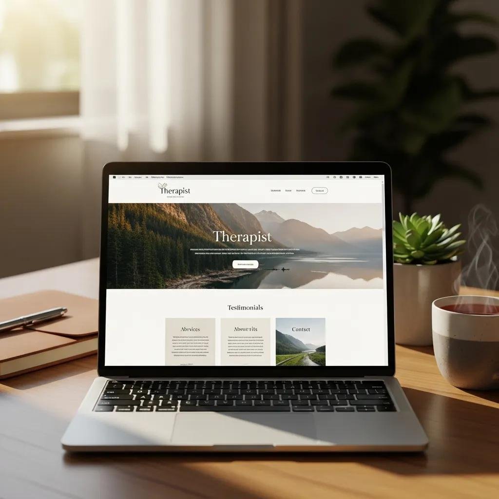 Laptop showcasing a well-designed therapist website in a cozy workspace