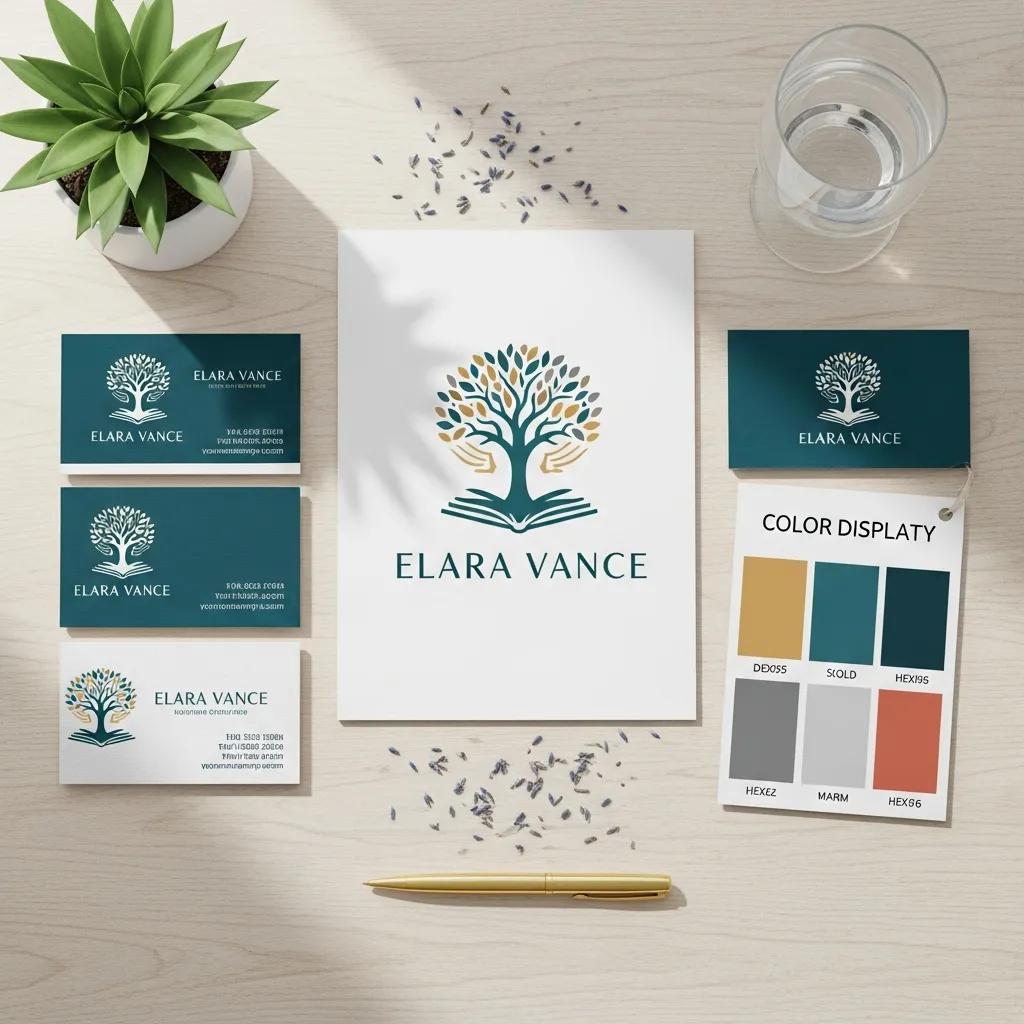 Life coach branding materials including logo and business cards, emphasizing visual identity and professionalism