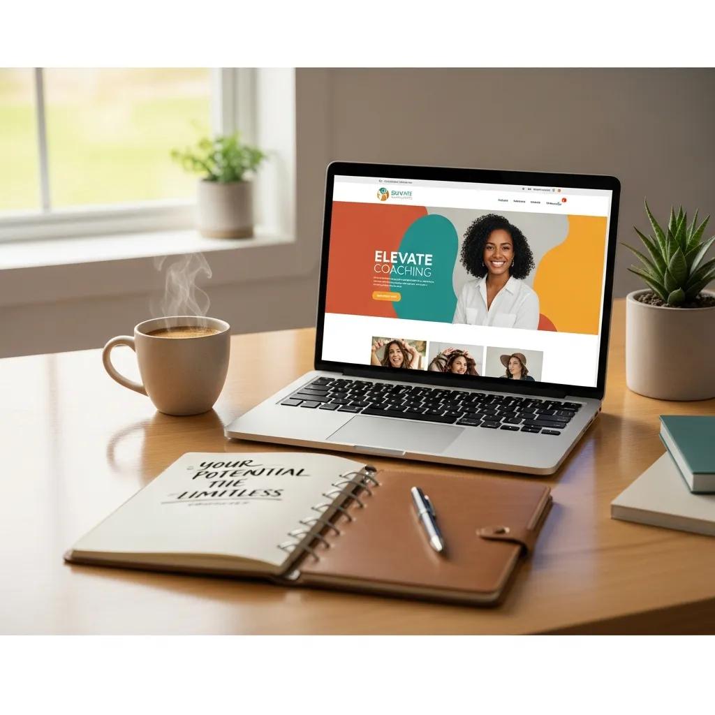 Laptop displaying a vibrant coaching website titled "Elevate Coaching," featuring a smiling woman, with a coffee cup and notebook on a wooden desk, emphasizing online presence and client engagement for coaching businesses.