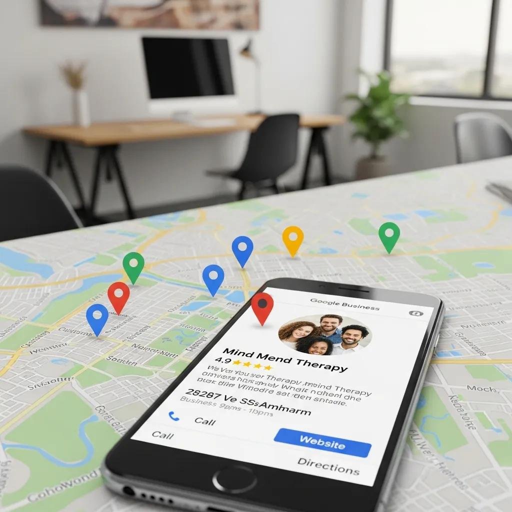 Map with location pins and smartphone showing Google Business Profile, emphasizing local SEO for therapists