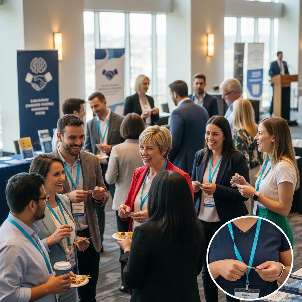 Mental health professionals networking at a conference, highlighting collaboration and relationship-building