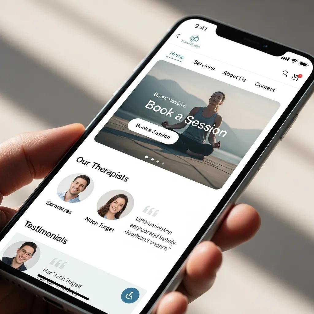 Mobile device showcasing an optimized therapy website layout, highlighting user-friendly design and accessibility