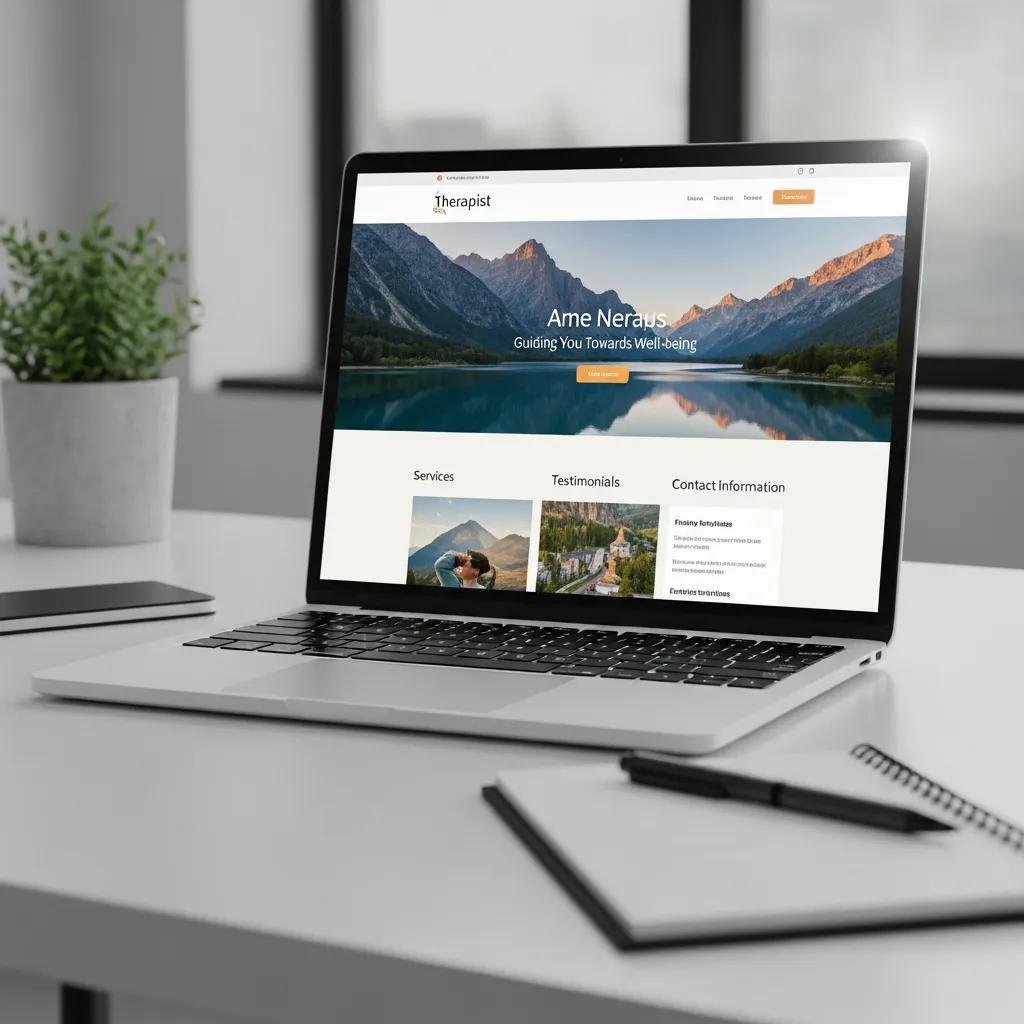 Mockup of a professional therapist website displayed on a laptop screen